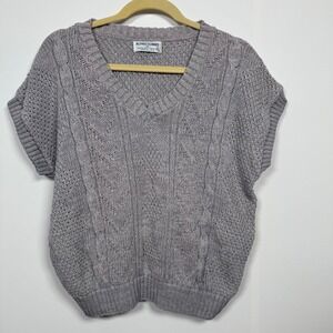 VTG Women XL Gray Cable Knit Cotton Sweater Vest Fisherman Preppy Academia Retro